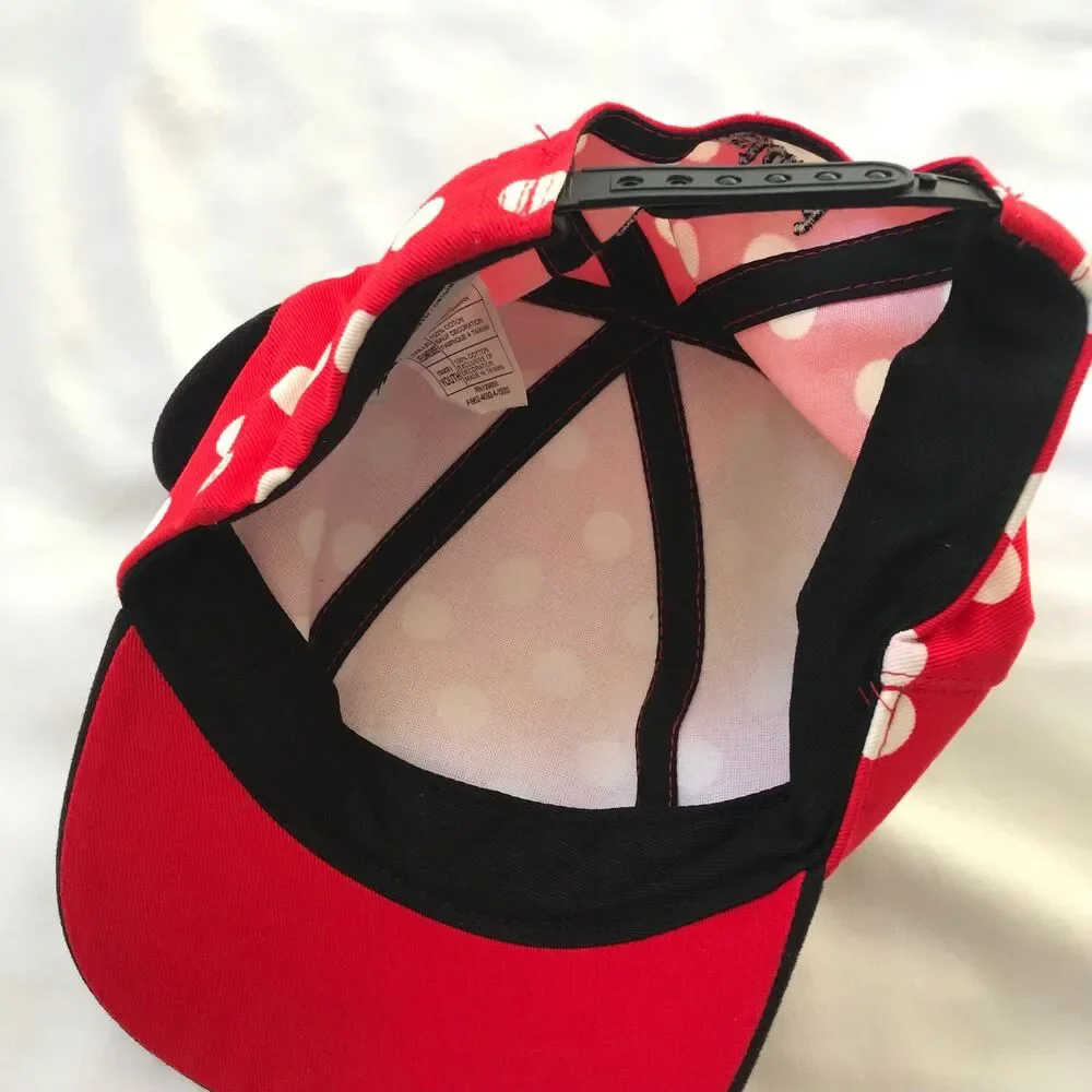 Disney Parks Girls Minnie Mouse Red & Black Polka Dot Baseball Hat Cap Ears Bow